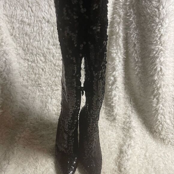 Yoki thigh high Black Sequins heels Boots side zipper SZ8 - Picture 5 of 11